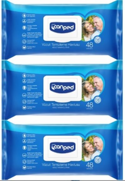 Canped Hasta Vücut Perine Temizleme Islak Mendil Havlu 48 Yaprak Xl (3 Lü Set) Plastik Kapaklı